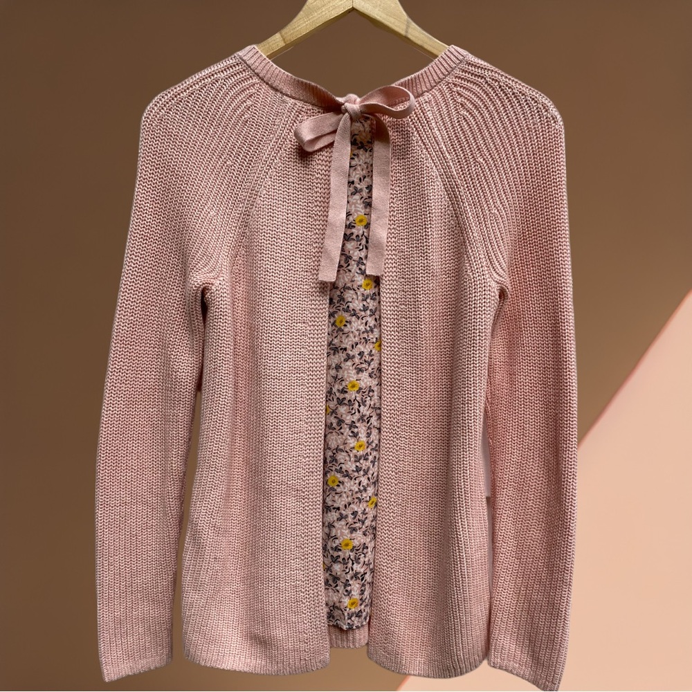 Ann Taylor LOFT Light Pink Medium Knit Mixed Media Floral Bow Back Sweater XS